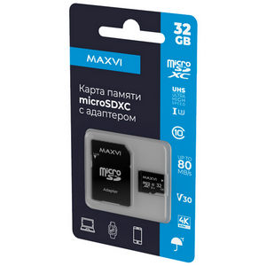 Карта памяти micro-SD Maxvi 32GB class 10 + адаптер (MSD32GBC10V30)