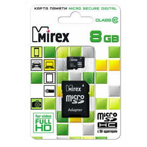Карта памяти micro-SD Mirex 8GB class 10 + адаптер