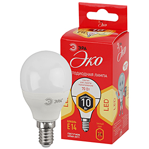 Лампа светодиодная ЭРА LED ЭКО P45-10w-827-E14 теплый свет