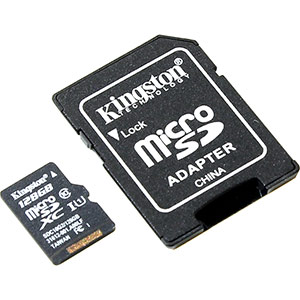 Карта памяти micro-SD Kingston 128GB class 10 + адаптер (SDXC)