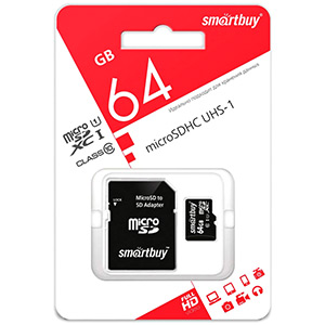 Карта памяти micro-SD Smartbuy 64GB class 10 UHS-1 + адаптер