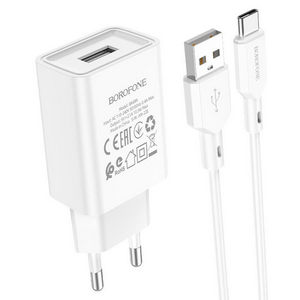 Заряд. устр. сетевое Borofone BA68A Glacier, 1 USB + кабель Type-C, белый