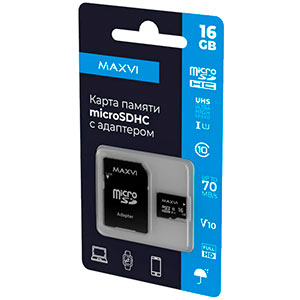 Карта памяти micro-SD Maxvi 16GB class 10 + адаптер (MSD16GBC10V10)
