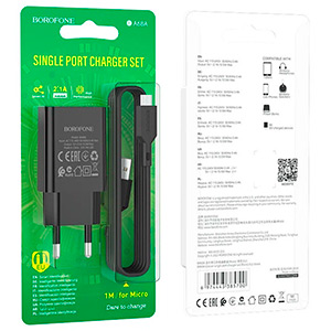 Заряд. устр. сетевое Borofone BA68A Glacier, 1 USB + кабель micro-USB, 2.1A, черный