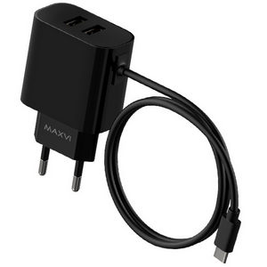 Заряд. устр. сетевое Maxvi CHL-242T, встр. / каб. Type-C, 2 USB, 2.4A black