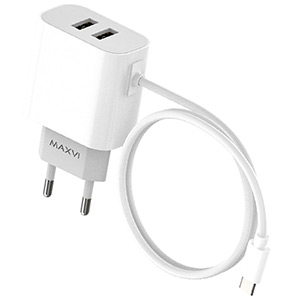 Заряд. устр. сетевое Maxvi CHL-242T, встр. / каб. Type-C, 2 USB, 2.4A white