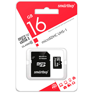 Карта памяти micro-SD Smartbuy 16GB class 10 UHS-1 + адаптер