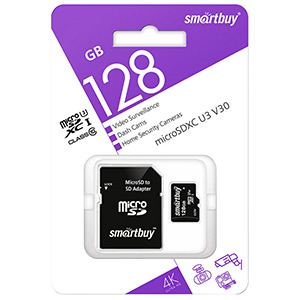 Карта памяти micro-SD Smartbuy 128GB class 10 U3 V30 + адаптер (SB128GBSDCCTV)
