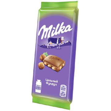 Шоколад Милка 85г молочный с цельн.фундуком