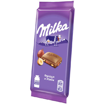 Шоколад Милка 85г молочный с фундуком и изюмом